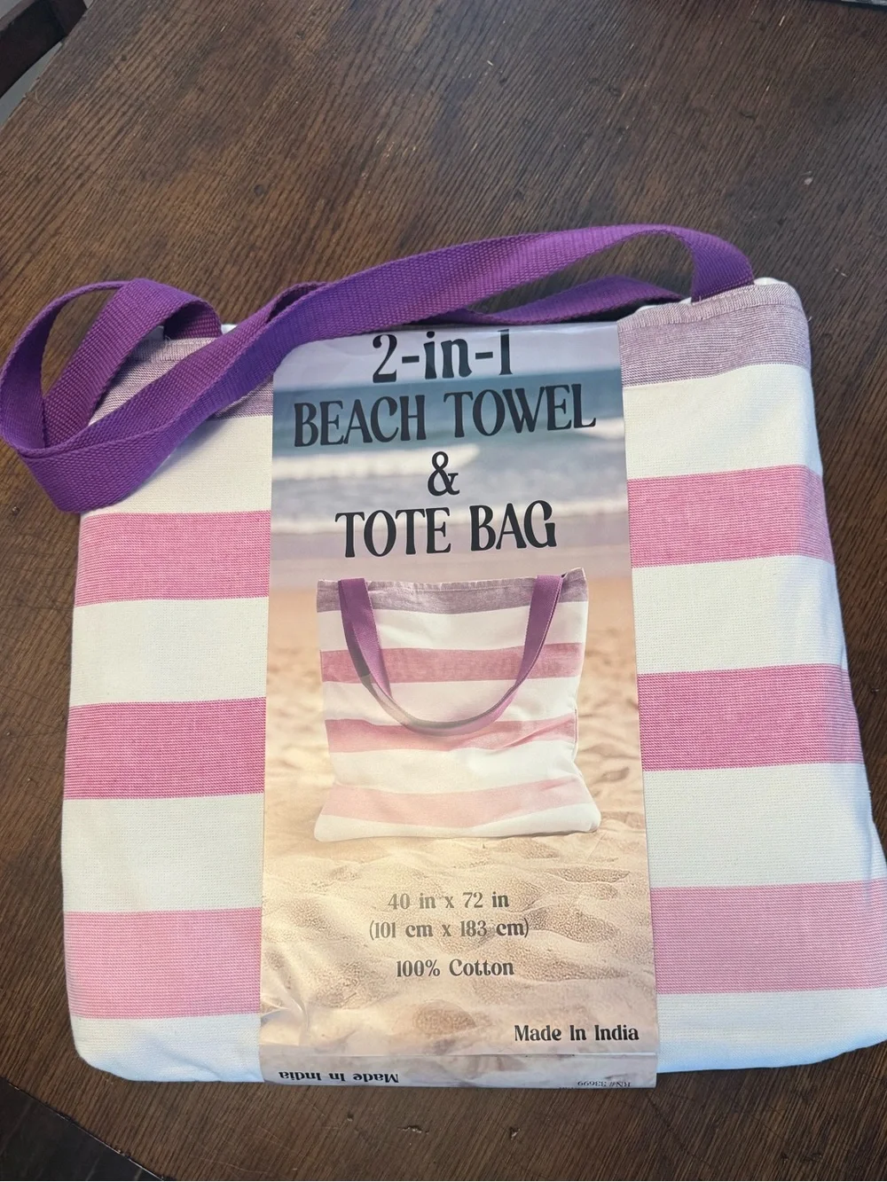 2-in-1 Beach Towel and‎ Tote Bag by Himatsingka | Pink & Purple Striped | NWT